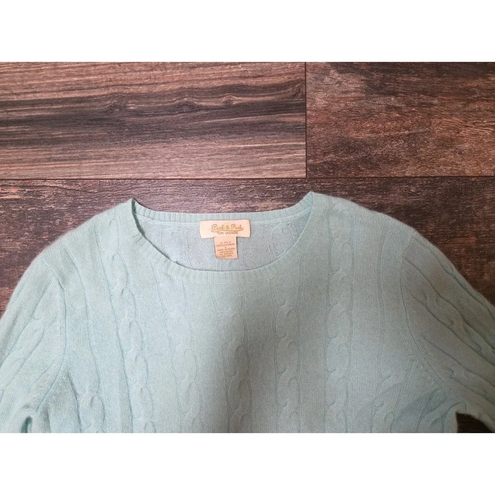 Peck And Peck Pure Cashmere 2 Ply‎ Womens L Light Blue/Aqua Cable Sweater Vntg